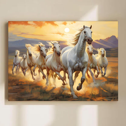 7 White Running Horses Wall Art Painting For Living Room, Abstract Vastu Seven Horses Painting For Wall, Stretched Canvas Decoration item for bedroom, 16x22 Inch