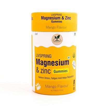 LivSpring Magnesium & Zinc Gummies | 200 mg Elemental Magnesium | Relieve Stress & Fatigue | Speeds Up Recovery for Men & Women | High Absorption | 30 Gummies in Tasty Mango Flavour | No Added Sugar | 100% Vegetarian