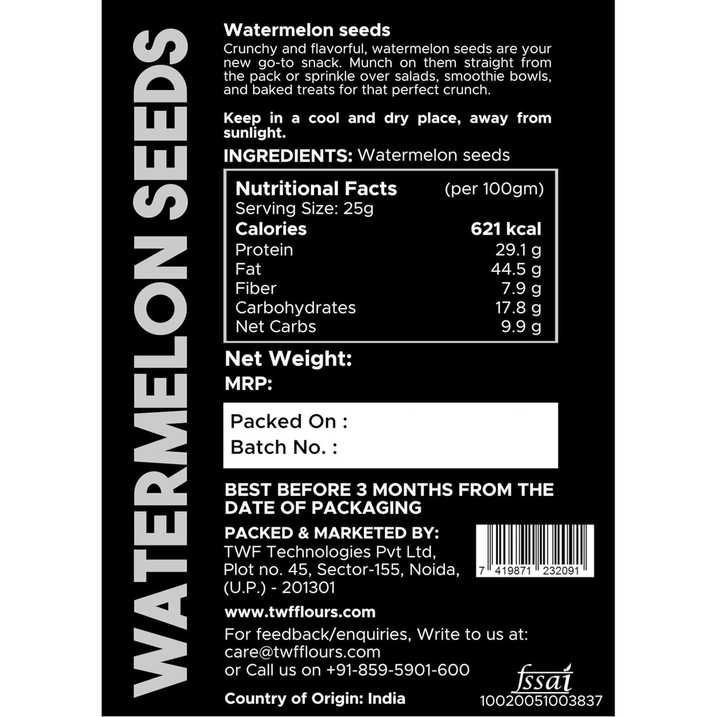 TWF Virgin Watermelon Seeds | AAA Grade Seeds for Eating | Gluten Free | Tarbuj Beej | Magaj Seeds | Non GMO | Rich In Protein & Dietary Fibre | Without Shell | Resealable Pack | Healthy Snack | Unroasted | Unsalted | Highest Natural Potency