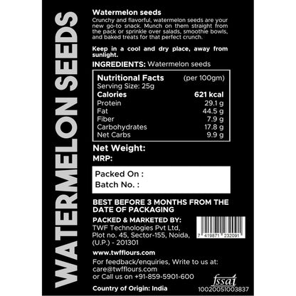 TWF Virgin Watermelon Seeds | AAA Grade Seeds for Eating | Gluten Free | Tarbuj Beej | Magaj Seeds | Non GMO | Rich In Protein & Dietary Fibre | Without Shell | Resealable Pack | Healthy Snack | Unroasted | Unsalted | Highest Natural Potency