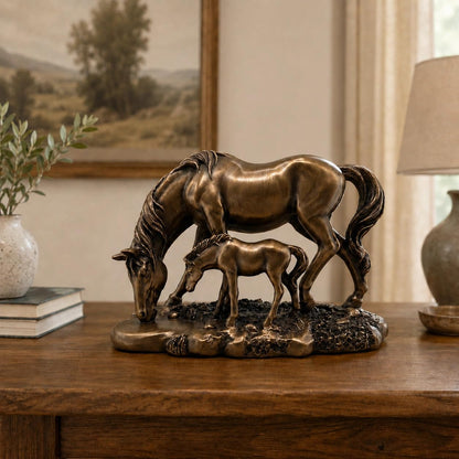 Graceful Mare & Foal Horse Sculpture Showpiece for Home & Office Décor | Nature-Inspired Decorative Figurine for Living Room, Study, Shelf & Console Table Styling - Bronze
