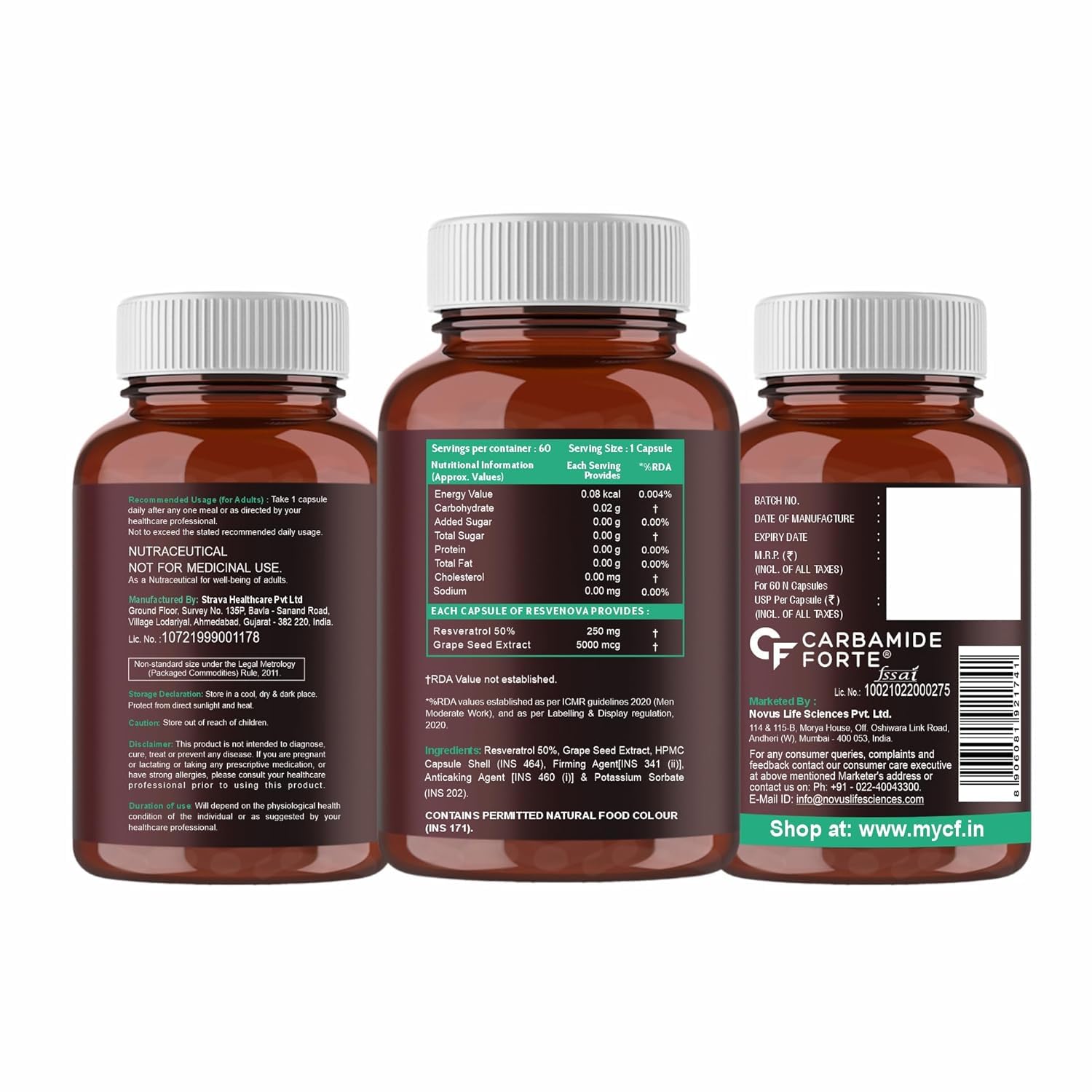 Three brown supplement bottles with white caps on a white background