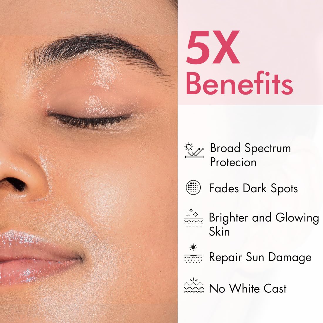Close-up of a person's face with sunscreen application, alongside text listing 5 benefits.