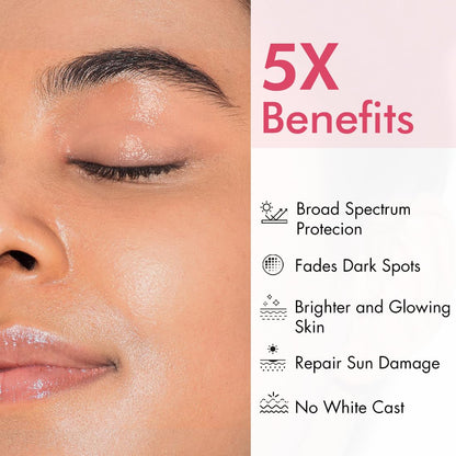 Close-up of a person's face with sunscreen application, alongside text listing 5 benefits.