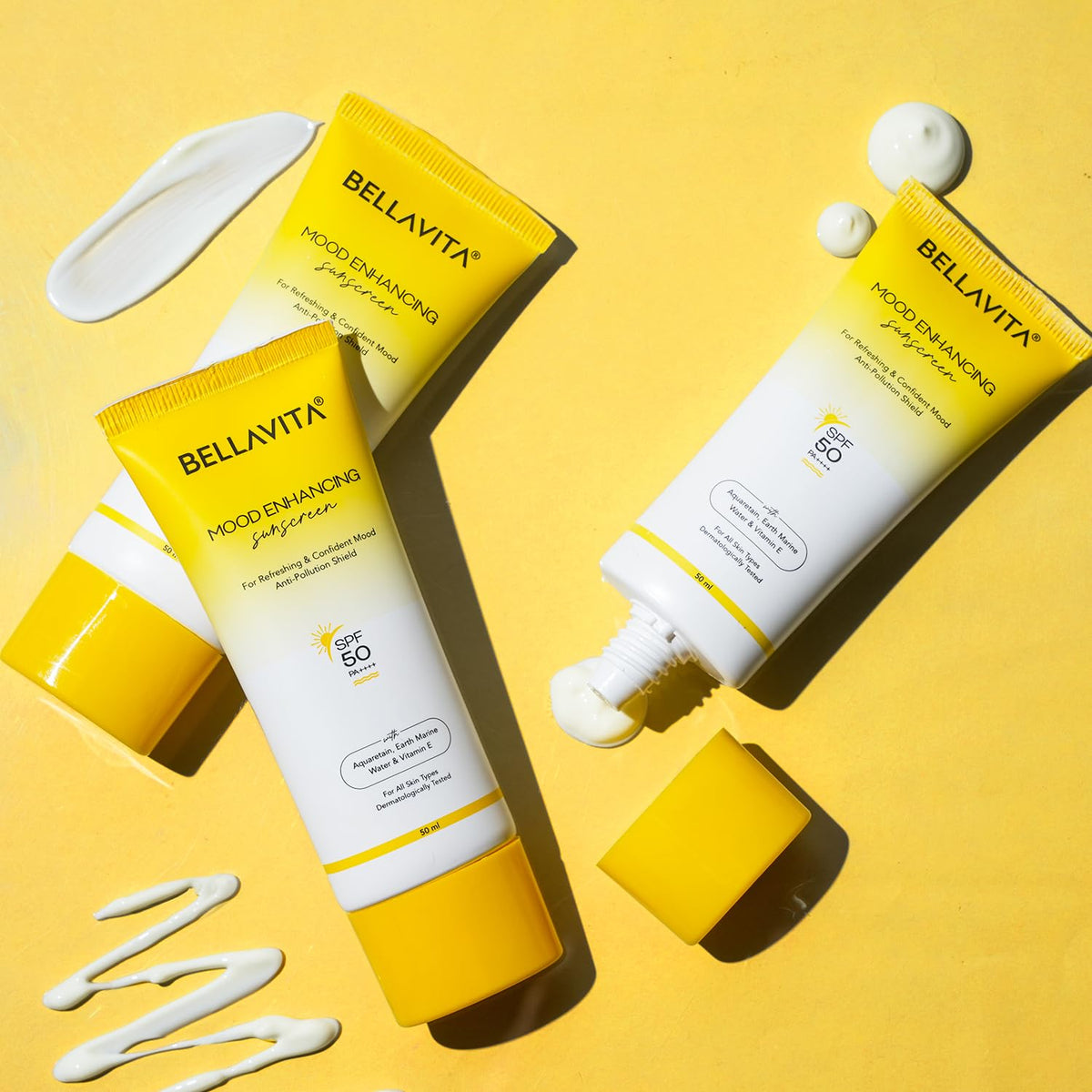 Bellavita mood enhancing skincare products on a yellow background
