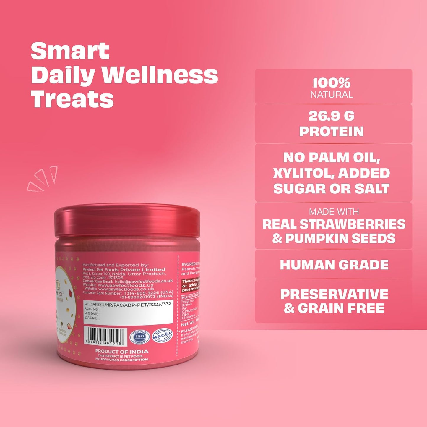 Pawfect Peanut Butter with Strawberry & Pumpkin Seeds for Dogs & Puppies - 100% Natural Lickable Treat- No Added Sugar, Salt, Palm Oil - No Sweeteners, No Xylitol - Healthy Dog Treat (450g/15.87oz)