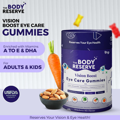 Vision boost eye care gummies packaging with carrots and almonds on a white background