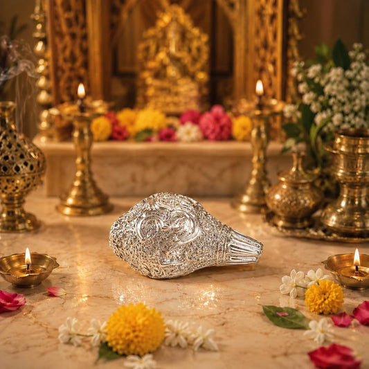 elaris Shankh Showpiece – Small, 2.17 Inch, Silver Plated | Sacred Conch Shell for Pooja, Home Temple & Spiritual Decor | Ideal Gift for Diwali & Festive Occasions