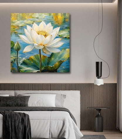 Lotus Flower Painting for Wall Vastu (15+ DESIGNS) Framed Lotus Canvas Painting for Living Room, Bedroom | Nature Floral Wall Art with Multiple Design Variations (White Big Lotus, 18x18 Inch, Framed)