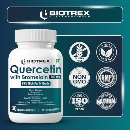 Biotrex Nutraceuticals Quercetin with Bromelain 600mg Better Respiratory Health | Antioxidant | Fights Allergies | Immunity & Cardiovascular Health - 30 Veg Capsules