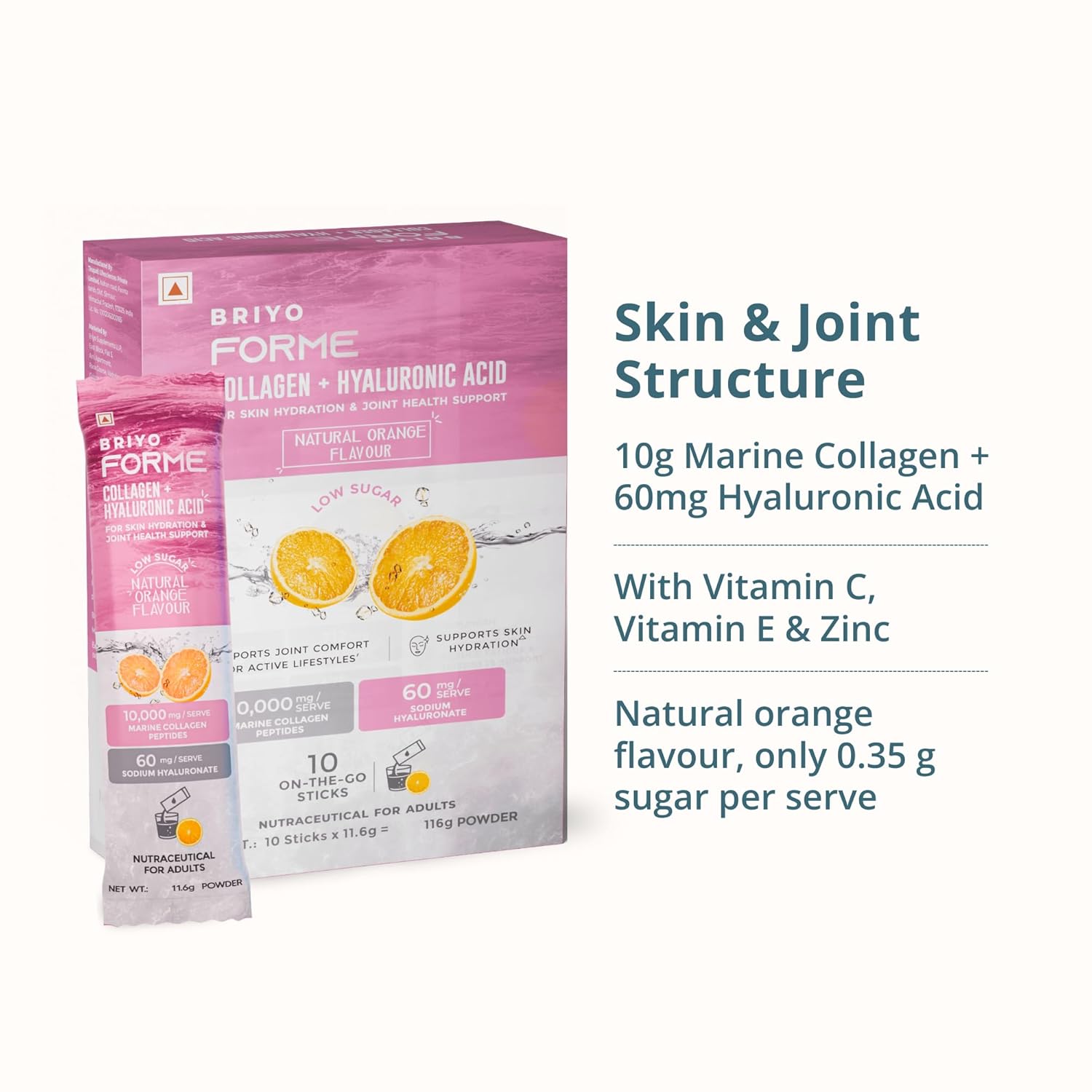 Briyo Forme collagen + hyaluronic acid supplement packaging with product details on a white background