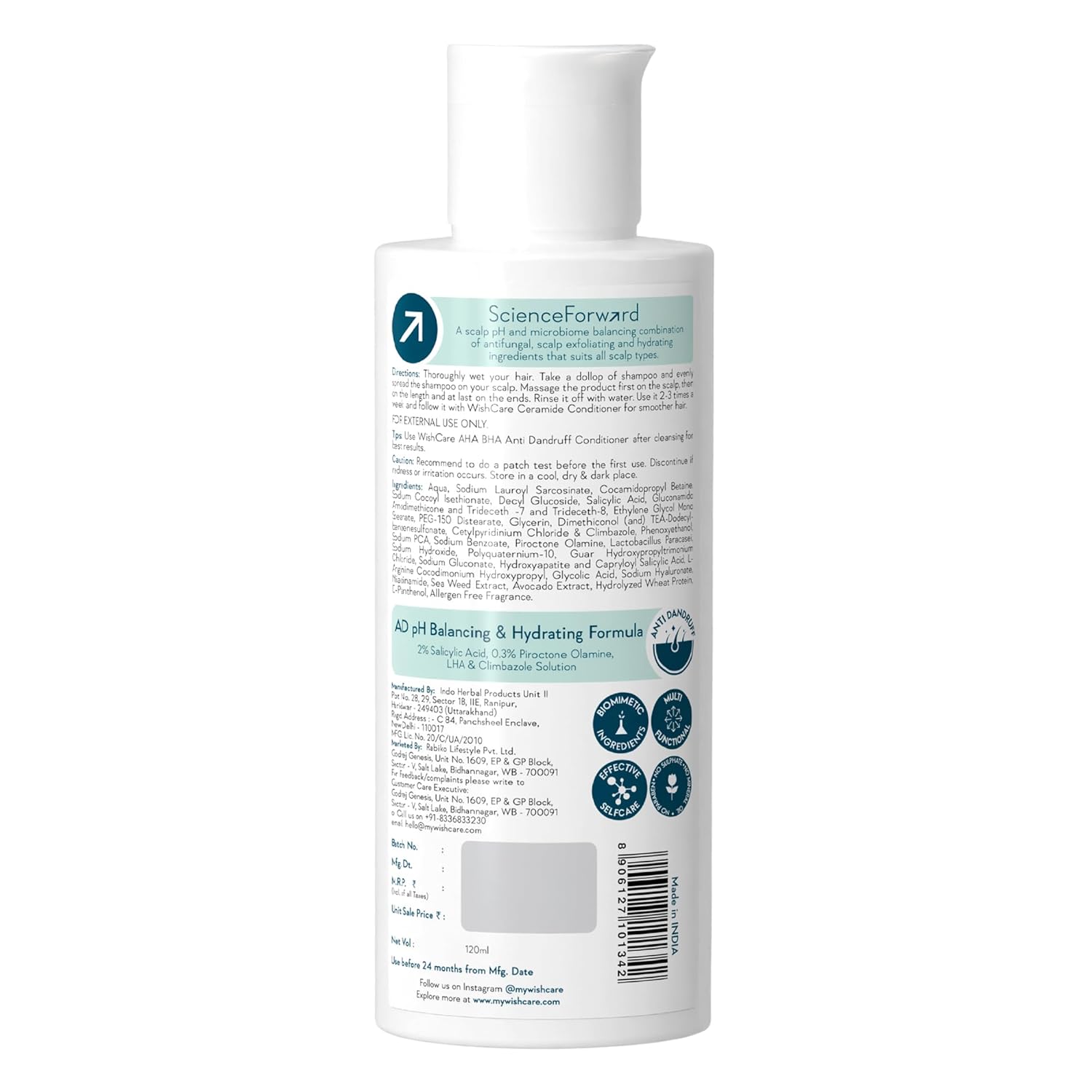 Back view of a skincare product bottle with text and icons on a white background