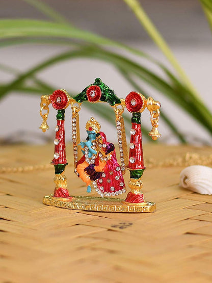 Radha Krishna Idol on Jhula Metal Statue for Car Dashboard | Mandir Pooja Murti | Temple Puja | Home Decor | Office Showpiece Diwali Gifts.