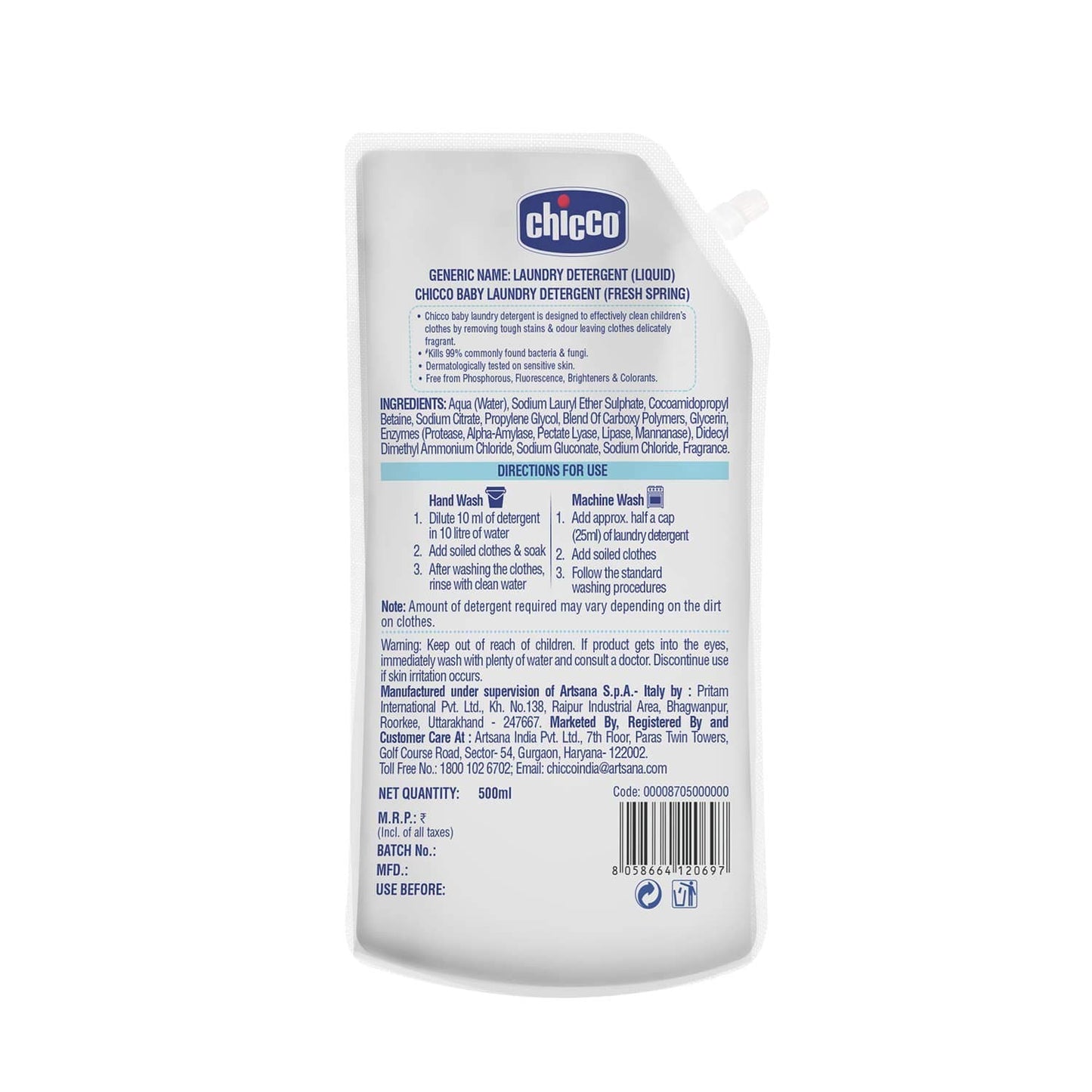 Chicco Baby Liquid Laundry Detergent, 5X Stain & Germ Fighter, Kills 99% of Germs, Dermatologically Tested, Effective & Gentle Cleaning, Fresh Springs, Refill pack (500 ML)