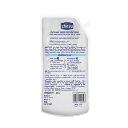 Chicco Baby Liquid Laundry Detergent, 5X Stain & Germ Fighter, Kills 99% of Germs, Dermatologically Tested, Effective & Gentle Cleaning, Fresh Springs, Refill pack (500 ML)