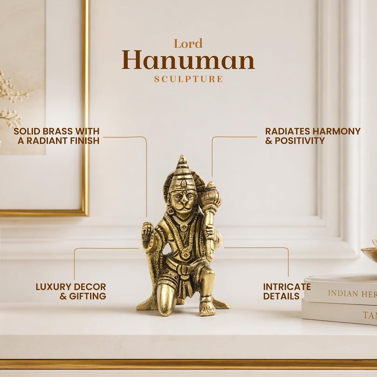 Brass Hanuman Ji Idol | Handcrafted Hanuman Murti for Pooja Room | Home Temple & Festival Gift (Design10: L5 x W5 x H8 cm)