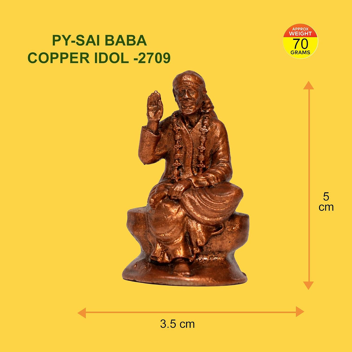 Pure Copper Sai Baba Murti | Handcrafted Copper Idol for Pooja Room, Vastu Decor | Traditional & Auspicious Religious Hindu God Showpiece & Gift Item | 70gm (5x3.5 cm)