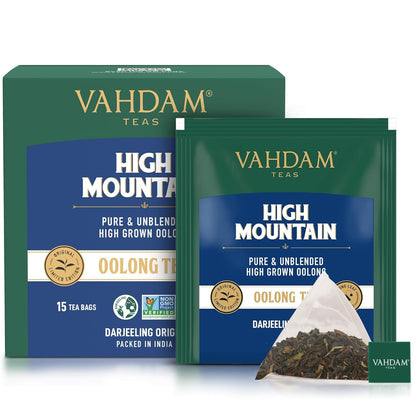 VAHDAM, High Mountain Oolong Tea Bags (15 Count) Non-GMO, Gluten-Free | Naturally High Grown Oolong Tea Leaves - Light & Floral | Individually Wrapped Pyramid Tea Bags | Direct from Source
