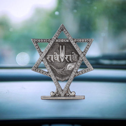 Radhe Radhe Greeting in Star Idol for Car Dashboard – Silver Finish Spiritual Decor for Car, Mandir & Office (S928-SLVR)