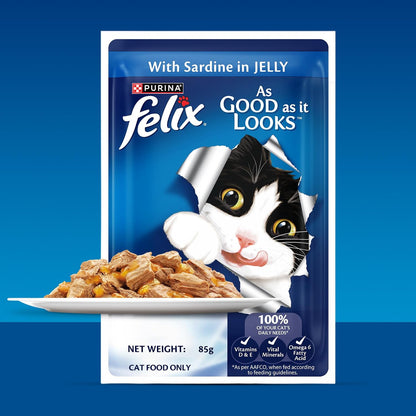 Purina Felix Sardine in Jelly, Wet Food for Adult Cats, 85g Pouch | With Sardine in Jelly, Tasty Meaty Chunks, 100% Complete & Balanced Nutrition, Vitamins D & E, Omega 6, Essential Minerals