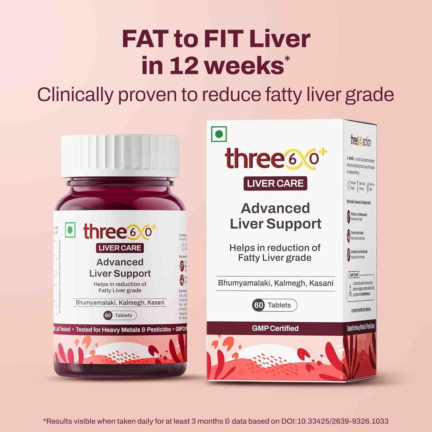 three60+ Advanced Liver Support Tablets | Daily Liver Detox & Fatty Liver Care | Clinically Proven Formula with Bhumiamalaki, Kalmegh & Kasani | Supports Liver Health & Alcohol Detox | 60 Tablet