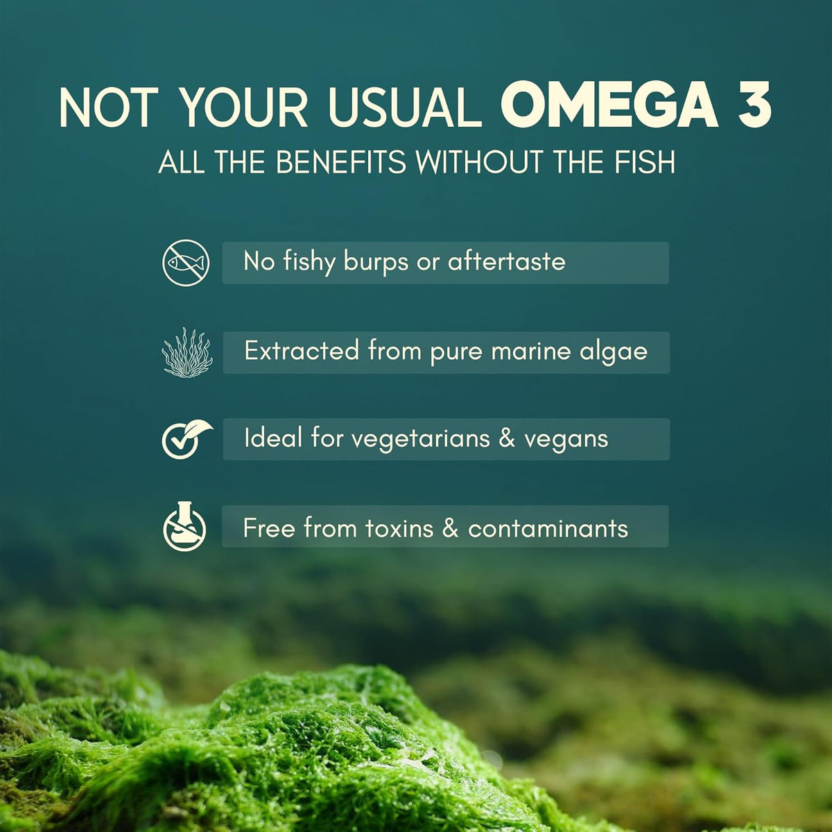 Advertisement for omega-3 supplement extracted from marine algae with a blurred underwater background.