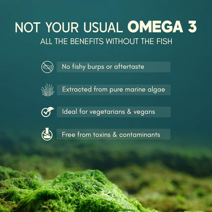 Advertisement for omega-3 supplement extracted from marine algae with a blurred underwater background.