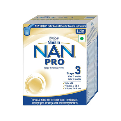 Nestlé NAN PRO 3 Follow-Up Formula-Powder After 12 months, Up to 18 months, Stage 3, 1.2 Kg, 3 x 400g Pouch in Box