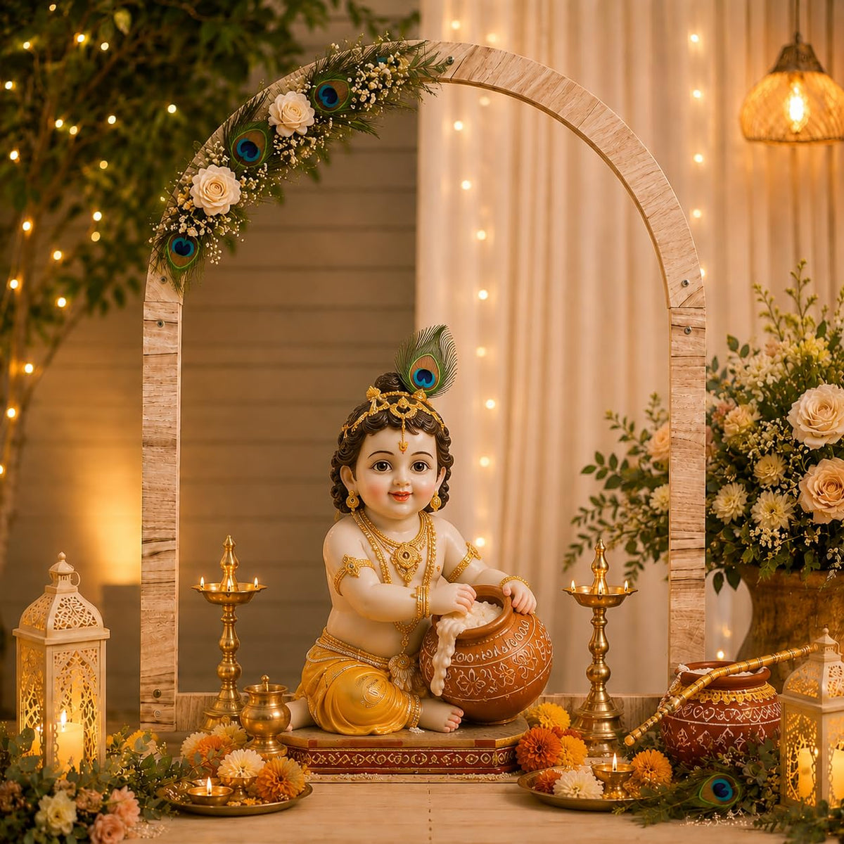 SATYAM KRAFT 1 Piece Foldable Arch Shape Wooden Makhar Mandap | Wooden Pooja Backdrop Stand for DIY Pandal & Temple | Festival Decoration Setup for Ganesh Chaturthi, Janmashtami & Idol Pooja Decor