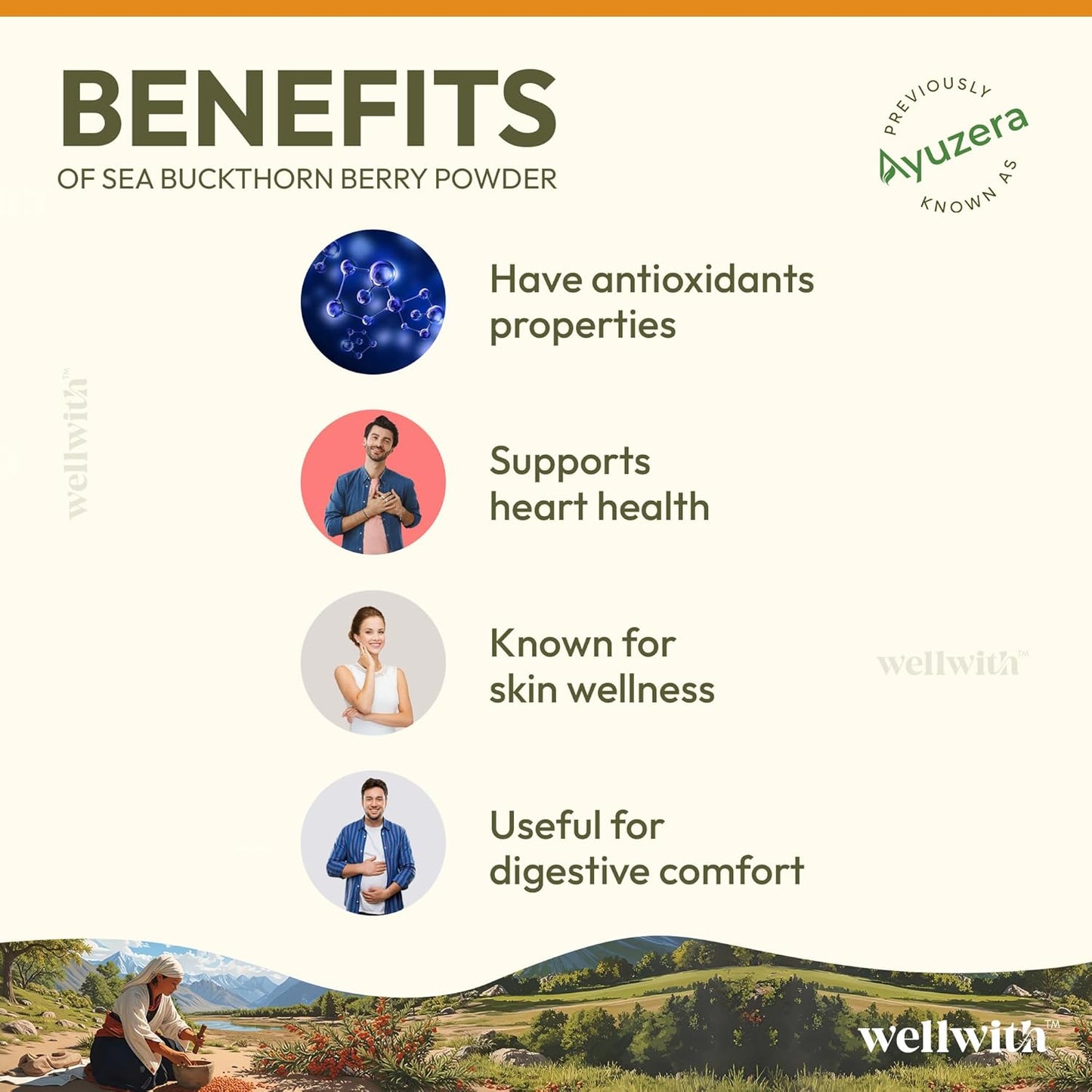 Wellwith by Ayuzera Sea buckthorn Berry Skin Powder 100g | Rich in Vitamin C | No oil | Edible | Fiber, Omegas | Dry Seabuckthorn Himalayan Berry Powder | Pack of 1