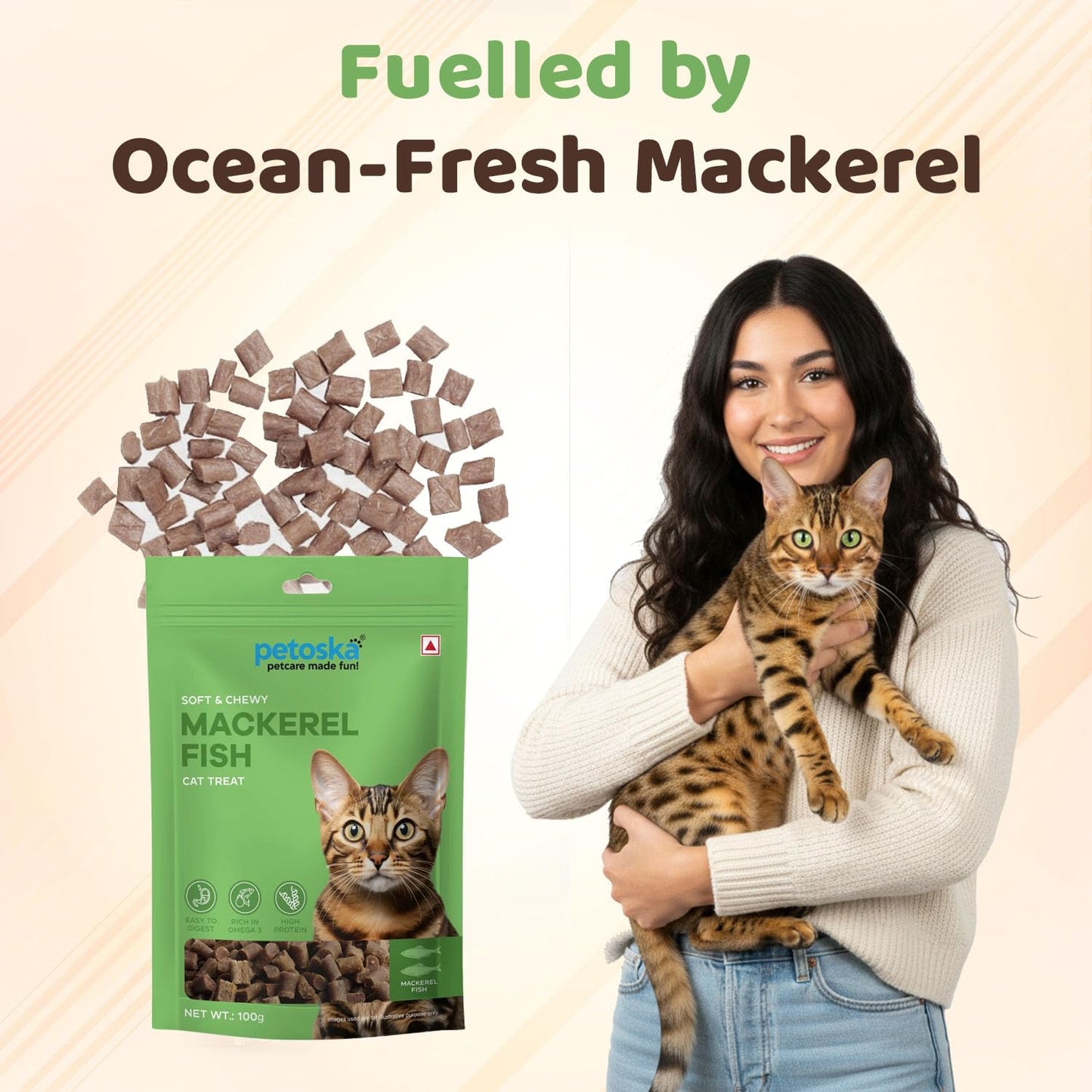 Petoska Mackerel Fish Cat Treats - 100g | Air-Dried Ocean-Caught Mackerel Bites with Taurine & Omega-3 | Chewy Snack to Support Heart, Shiny Coat & Joints | Kittens & Adult Cats