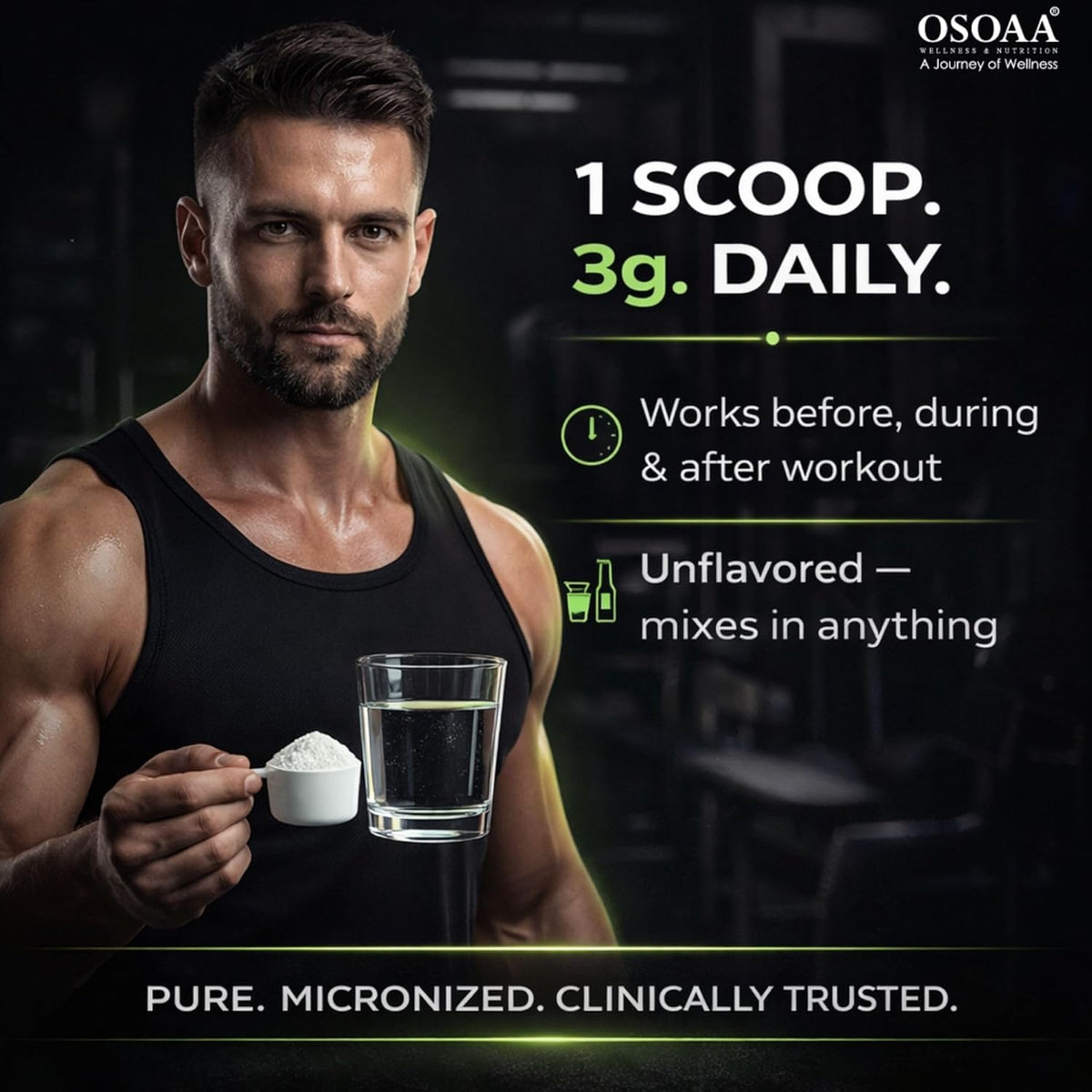 Man holding a scoop of protein powder and a glass of water with OSOAA branding.