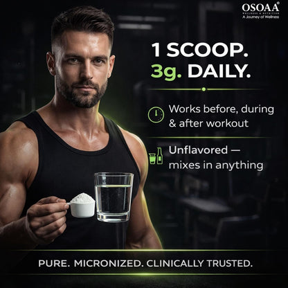 Man holding a scoop of protein powder and a glass of water with OSOAA branding.