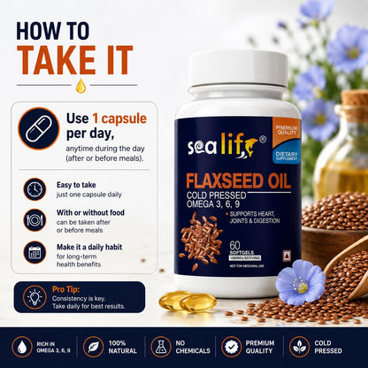Sea Life Flaxseed Oil 1000 Mg Softgel Capsules | Omega 3,6,9 fatty acid | Supports Healthy Heart, Joints, Skin, Brain & Eyes | For Men & Women (60 Softgels Capsules) Pack of-1