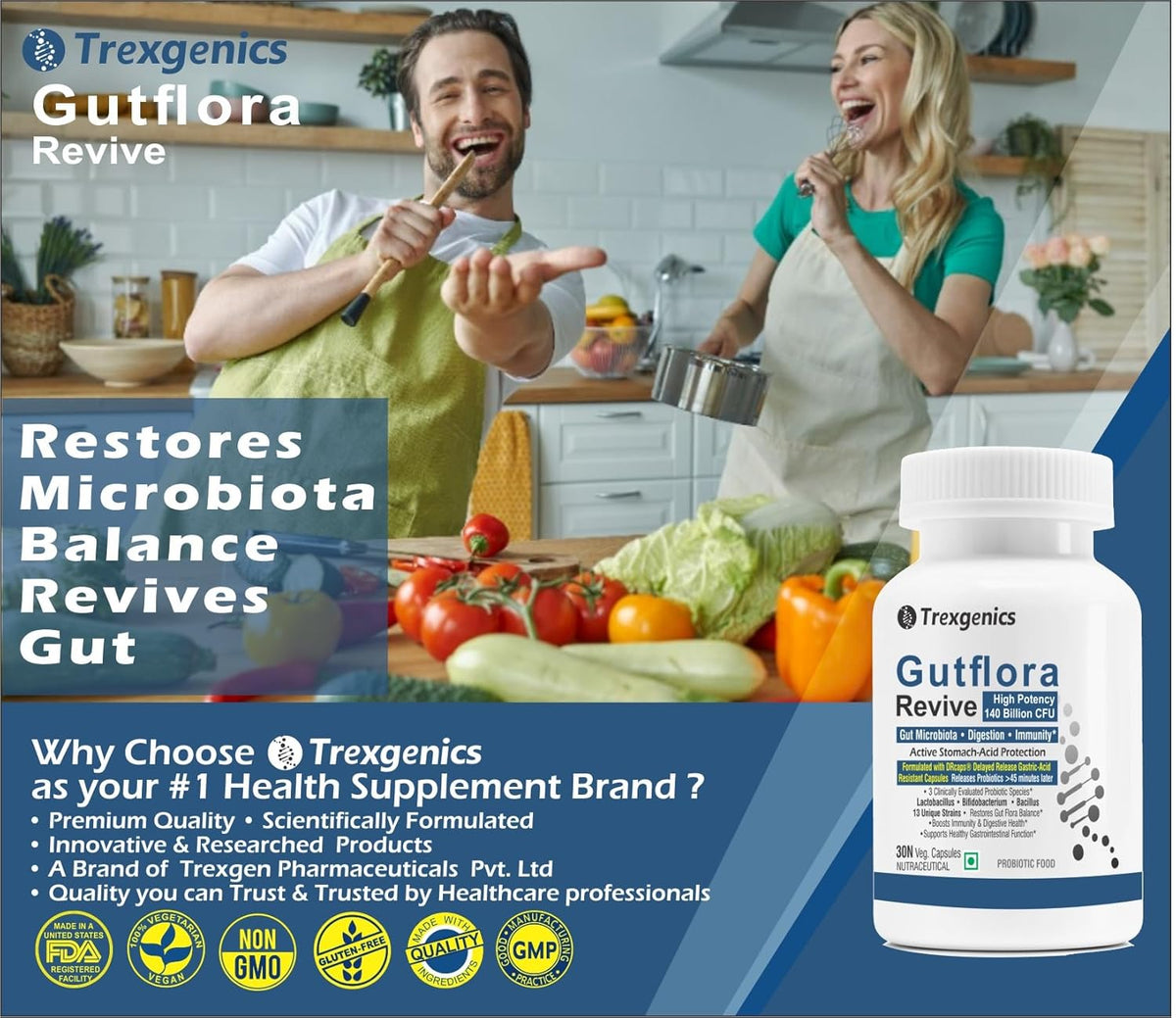 Trexegenics Gutflora Revive supplement advertisement with a man and woman in a kitchen.