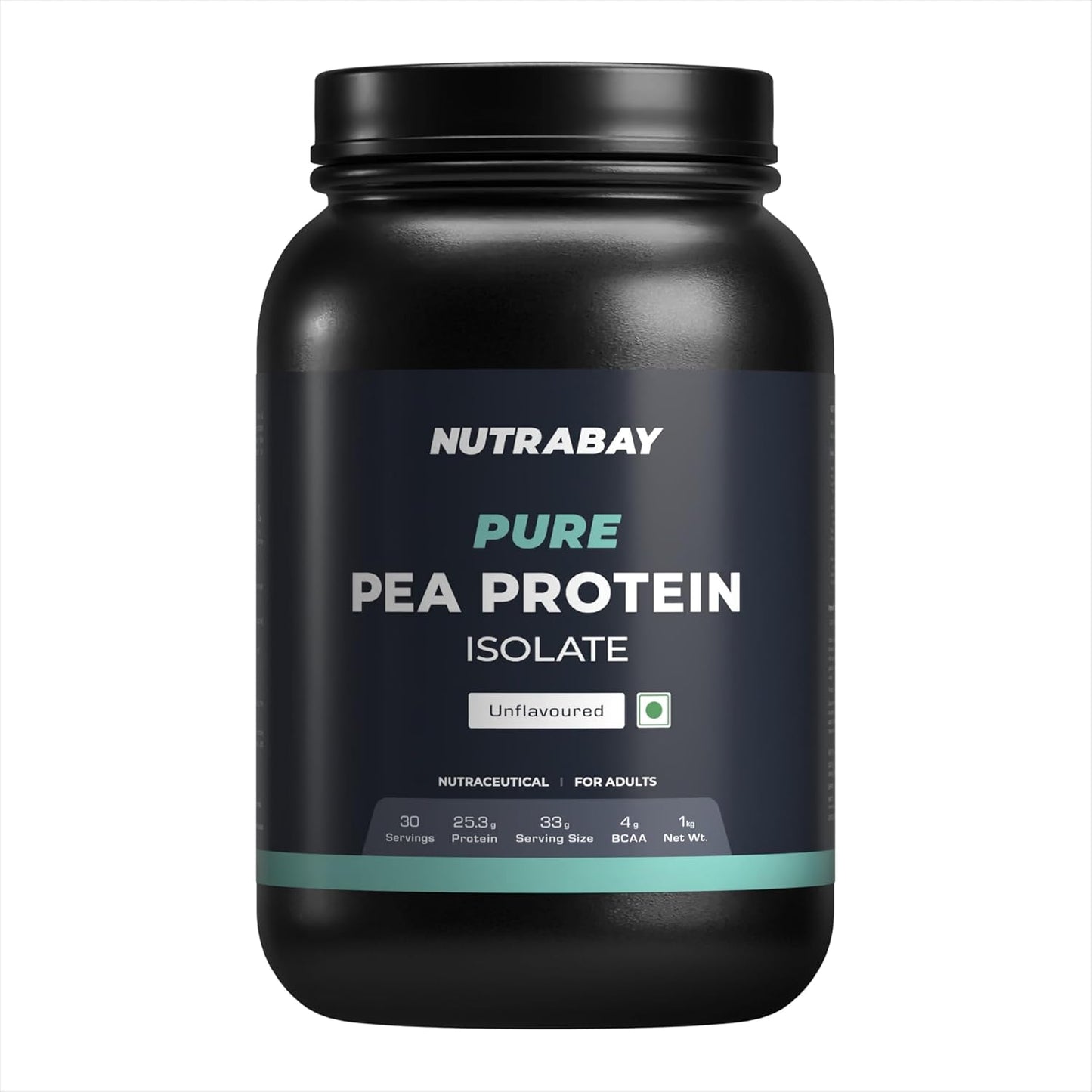 Black container of Nutrabay Pure Pea Protein Isolate on a white background