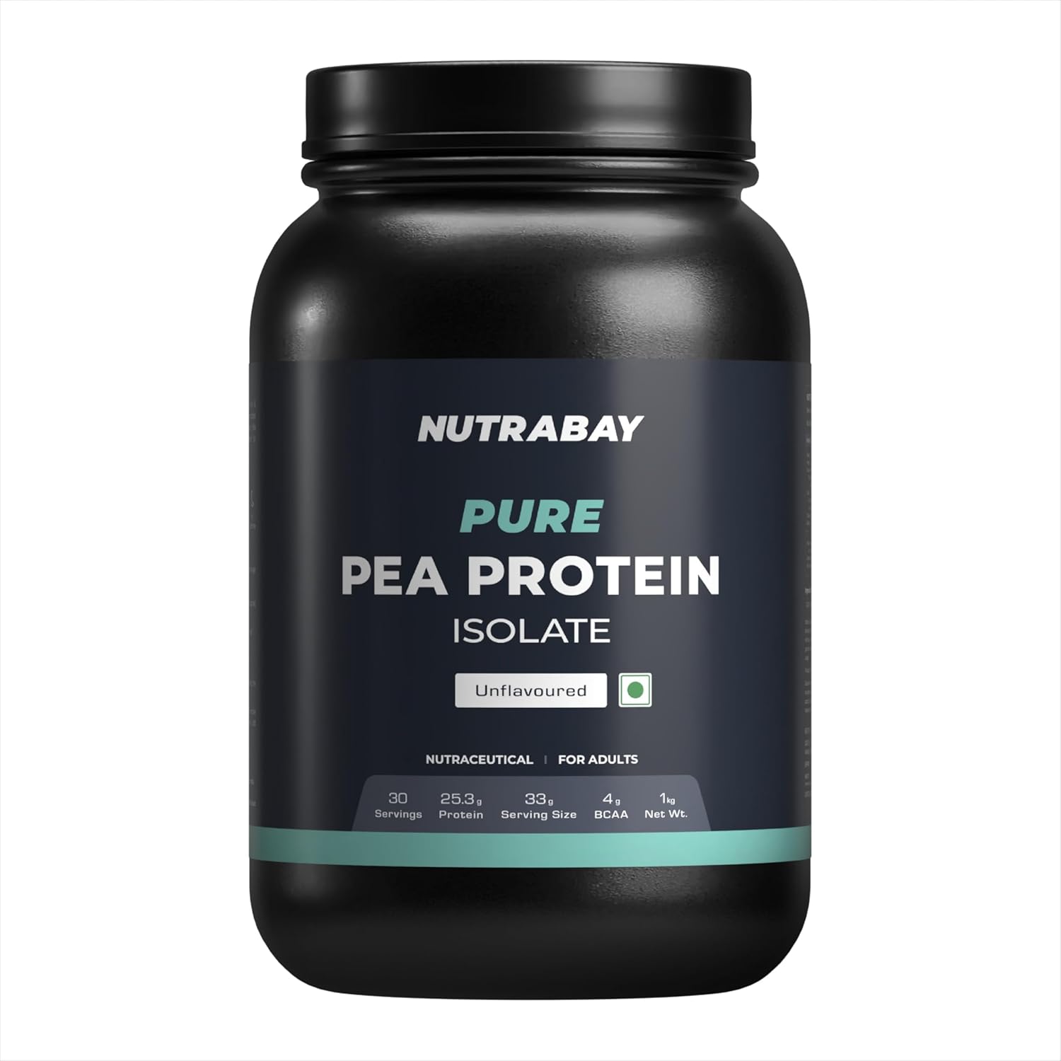 Black container of Nutrabay Pure Pea Protein Isolate on a white background