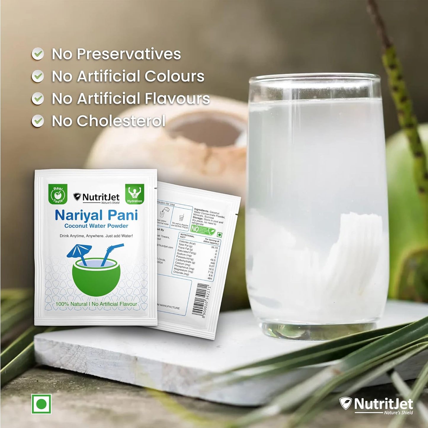NutritJet Natural Coconut Water Powder [Pack of 50 sachets] for Hydration and Energy Natural Tender Coconut Water Powder