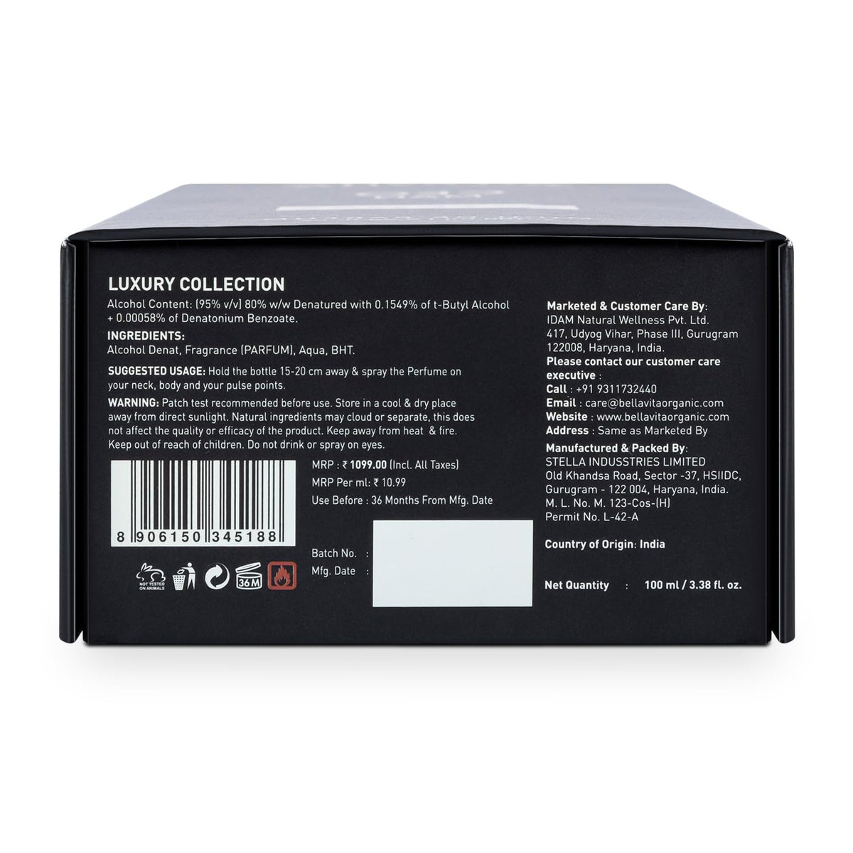 Back of a black packaging box with text and a barcode on a white background