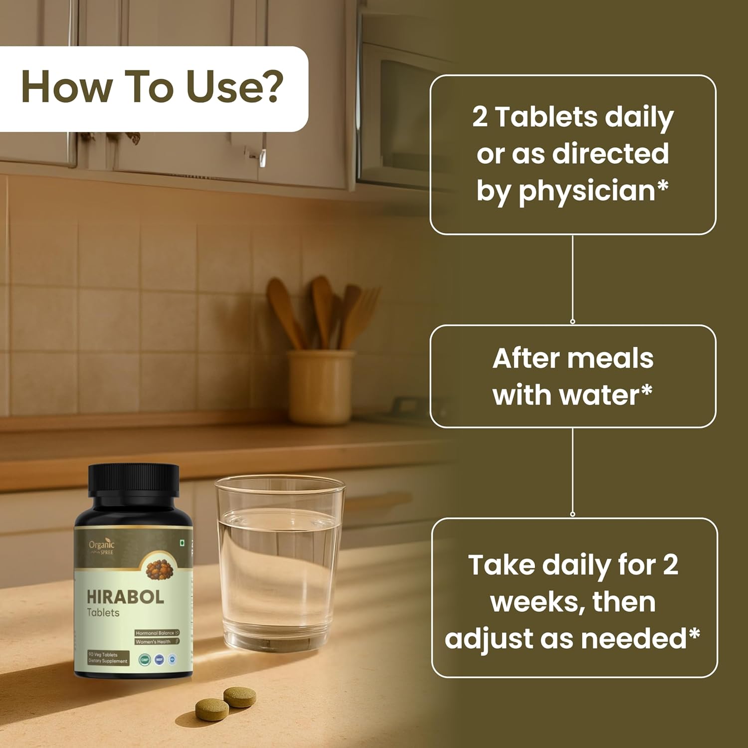 Hirabol tablets with a glass of water on a kitchen counter, showing usage instructions.
