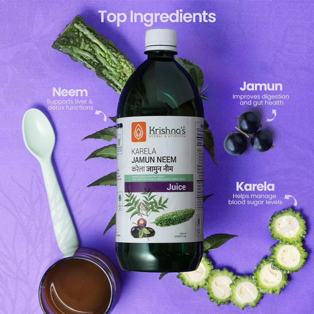 KRISHNA'S HERBAL & AYURVEDA Krishna'S Karela Jamun Neem Juice-1000 Ml Blend Of Fresh Karela, Neem Juice & Jamun Seeds Ayurvedic Solution For Balancing Sugar Levels, Pack Of 1