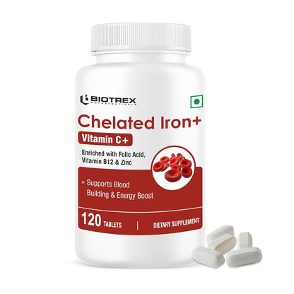 Biotrex Nutraceuticals Chelated Iron + Vitamin C, B12, Folic Acid & Zinc, Boost Hemoglobin Levels & Improves Concentration Levels, Energy & Blood Building - 120 Vegetarian Tablets