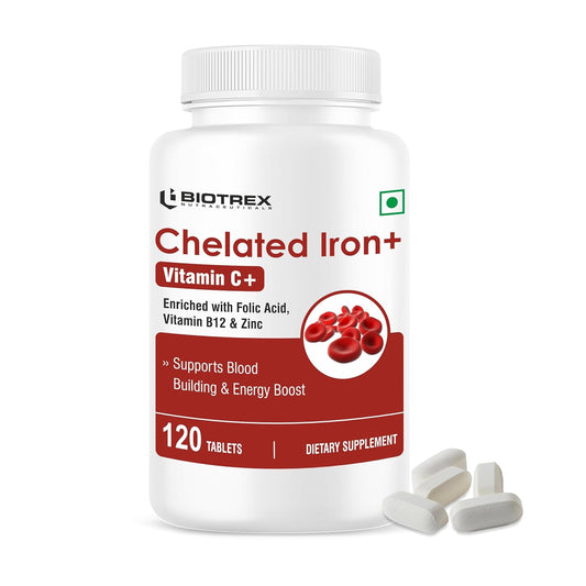 Biotrex Nutraceuticals Chelated Iron + Vitamin C, B12, Folic Acid & Zinc, Boost Hemoglobin Levels & Improves Concentration Levels, Energy & Blood Building - 120 Vegetarian Tablets