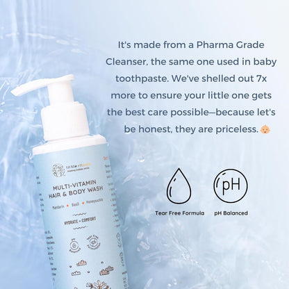 Little Rituals Baby Multi-Vitamin Body & Hair Wash - Tear Free + pH 5.5. Formulated with the best plant botanical - HONEYSUCKLE, BASIL, MANDARIN. Natural, Organic, Dermat tested, SWISS Technology (200ml)