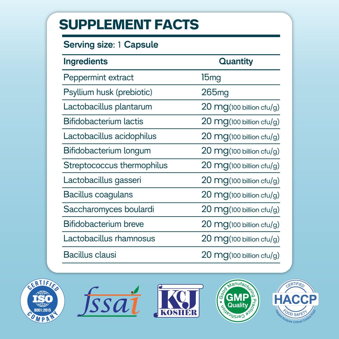 ZEROHARM Gut Army Probiotics for Constipation & IBS | 100 Billion CFU, 11 Strains | Psyllium Husk (Isabgol) & Peppermint | Gas & Bloating Relief, Digestive Comfort, Bowel Regularity | Men & Women | 60 Capsules