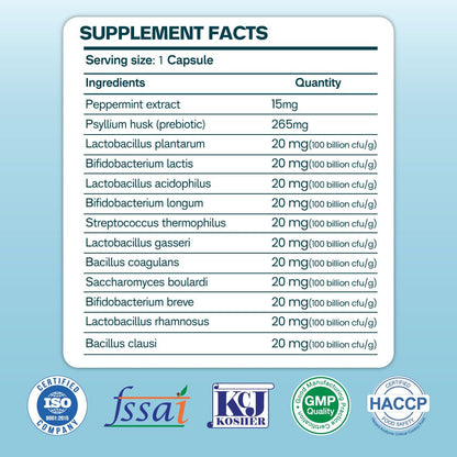 ZEROHARM Gut Army Probiotics for Constipation & IBS | 100 Billion CFU, 11 Strains | Psyllium Husk (Isabgol) & Peppermint | Gas & Bloating Relief, Digestive Comfort, Bowel Regularity | Men & Women | 60 Capsules