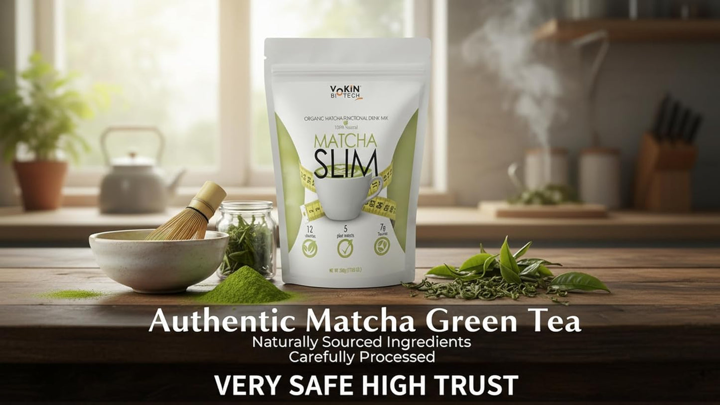 Matcha Slim packaging on a wooden table with matcha leaves and a whisk, in a kitchen setting.