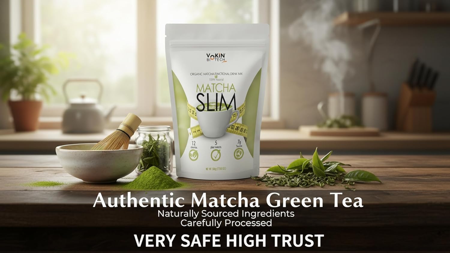 Matcha Slim packaging on a wooden table with matcha leaves and a whisk, in a kitchen setting.