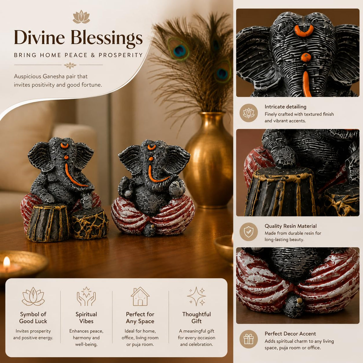 Beautiful Resin Ganesha Pair for Home Decor | Brings Prosperity - (Grey & Red, Pack of 2)