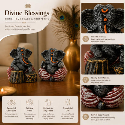 Beautiful Resin Ganesha Pair for Home Decor | Brings Prosperity - (Grey & Red, Pack of 2)